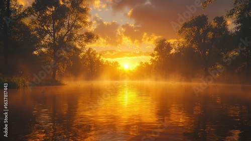 Golden Sunrise over Misty River