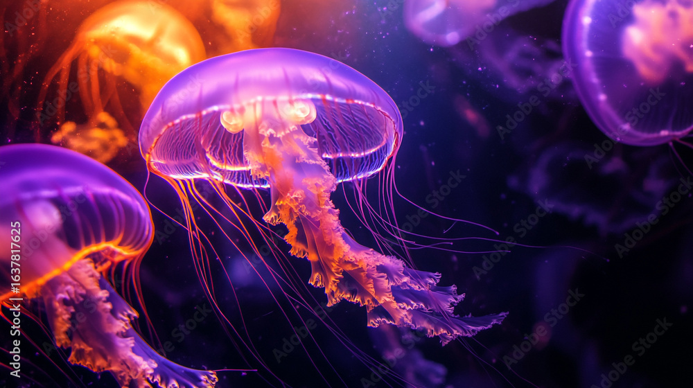Obraz premium A group of luminous jellyfish with glowing orange and purple bells and long, flowing tentacles drift gracefully in dark, mysterious water.