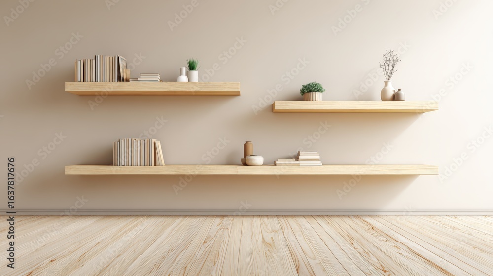 Fototapeta premium Minimalist Interior with Floating Shelves Displaying Books and Decorative Items in a Bright, Modern Room