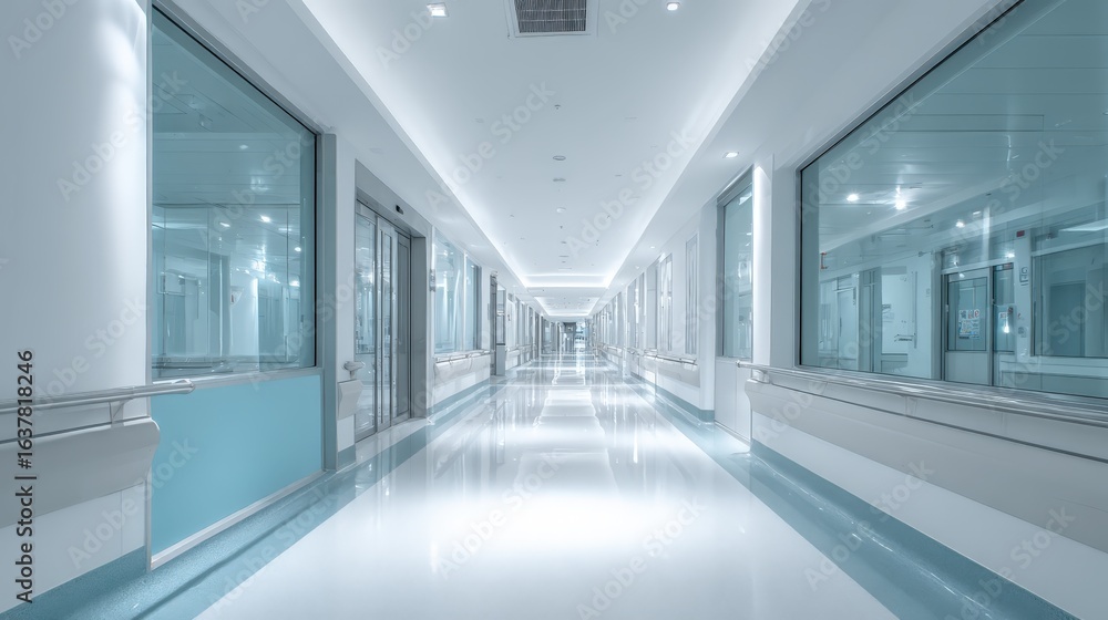 Obraz premium Modern Hospital Interior Long Corridor with Windows and Blue Accents, Clean and Bright Environment