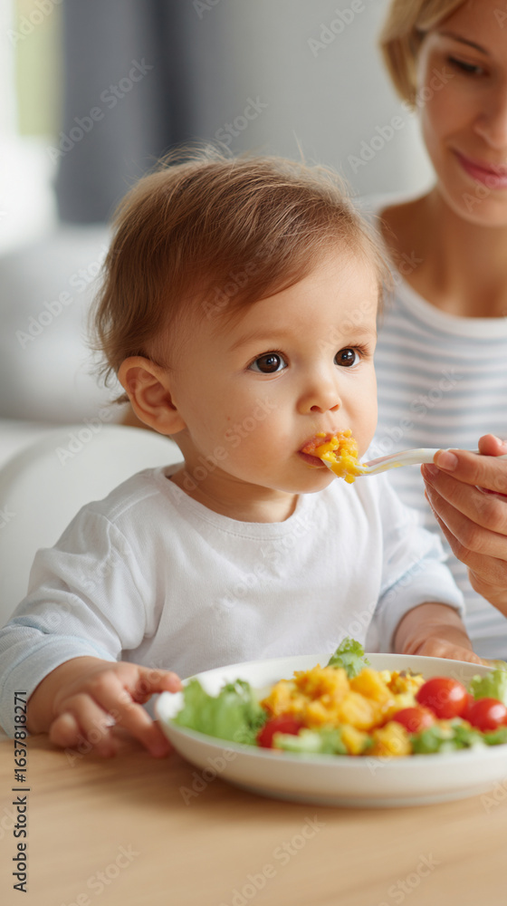 Baby eagerly gazes at spoonful of food during mealtime with parent, displaying curiosity and anticipation in cozy kitchen setting
Baby eagerly gazes at spoonful of food during mealtime with parent, displaying curiosity and anticipation in cozy kitchen setting
