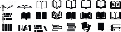 Collection of book icons, black and white vector set, open and closed books, library, education, reading, graphic design elements