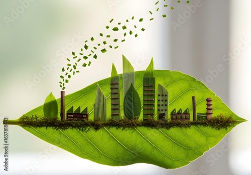Fototapeta Naklejka Na Ścianę i Meble -  Green leaf shaped into industrial city skyline symbolizing sustainable manufacturing and eco friendly urban development