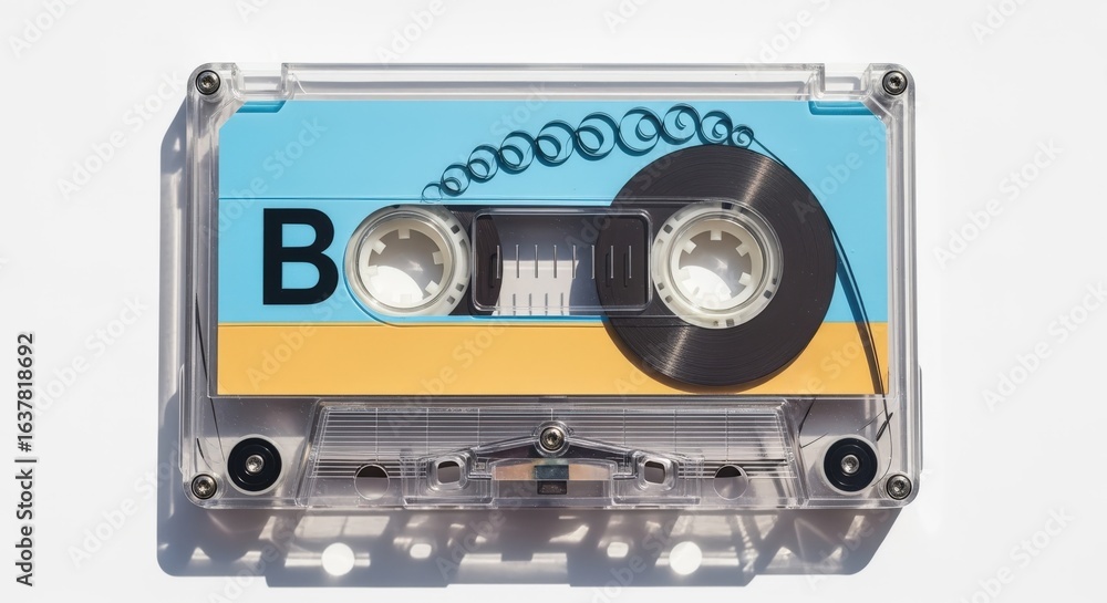 Fototapeta premium Retro Audio Cassette Tape with Blue and Yellow Label for Vintage Music Playback