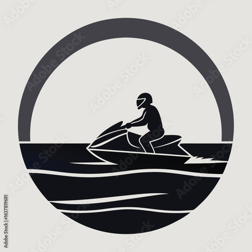 Stylish monochrome illustration: Person riding jet ski on ocean waves, encircled in a minimalist grey frame, conveying a sense of freedom and aquatic adventure.
