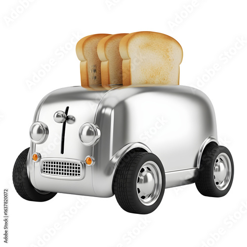 3d Toaster car with bread slices, creative appliance vehicle concept Transparent background