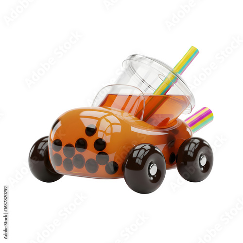 3d Orange juice glass car with straw, fun summer drink vehicle Transparent background