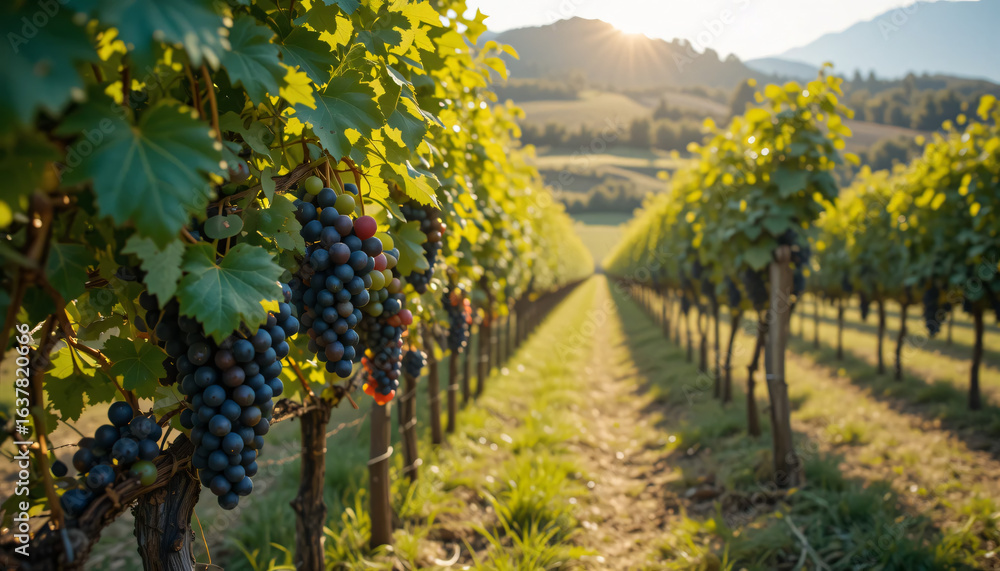 Naklejka premium Sunlit Vineyard with Ripe Grapes Ready for Harvest