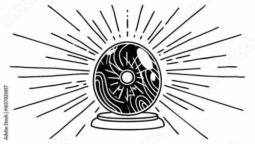 Vector Mystical crystal ball radiates energy with rays of light, symbolizing divination and insight