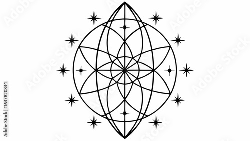 Vector Geometric design featuring star grid expanding outward from central vesica. This intricate