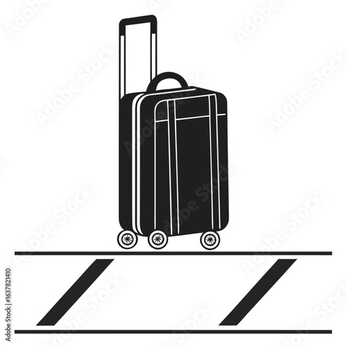 Black and white vector illustration of a rolling suitcase on a conveyor belt, depicting efficient travel, minimalist design, conveying a sense of seamless journey and effortless transportation.
