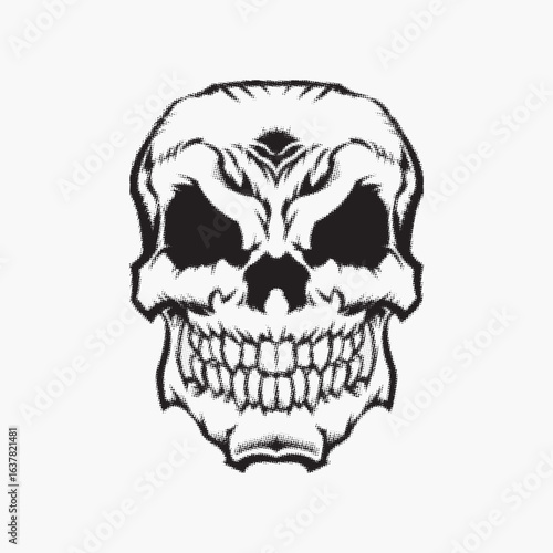 Human skull vector illustration black and white cartoon style with teeth bones and horror symbol icon