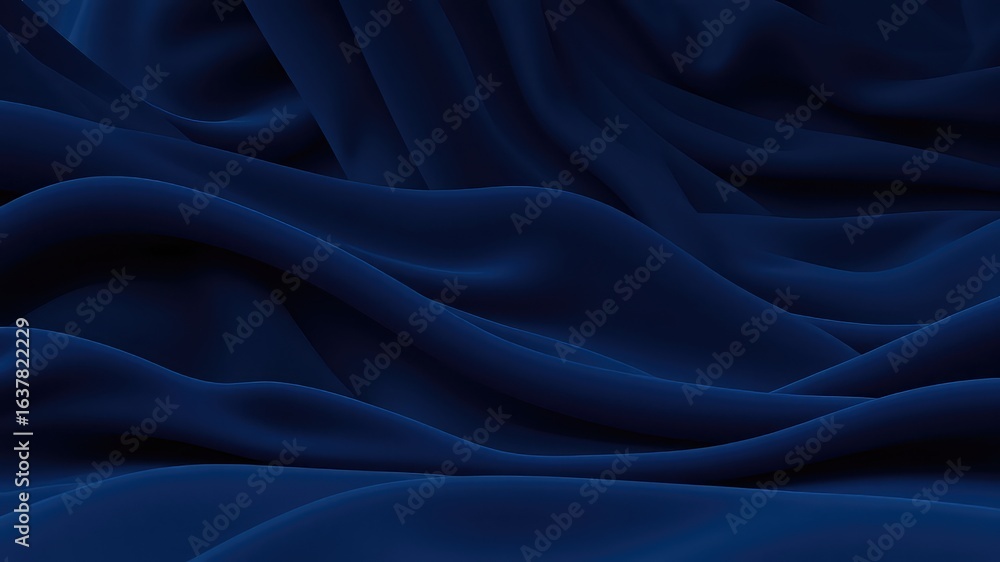 Obraz premium Dark blue abstract background featuring soft, flowing fabric-like waves and elegant folds, creating a luxurious and calming texture