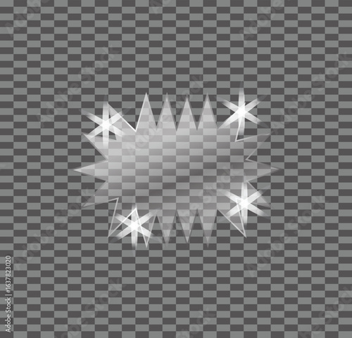 Sparkling transparent glass spiked starburst shape with light flares isolated on checkered background for abstract modern decoration and digital graphics