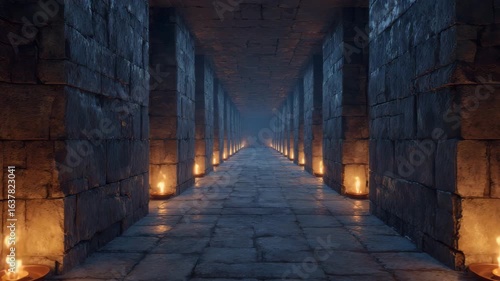 Ancient vaulted corridor in a medieval castle filled with mysterious atmosphere and lit by candles