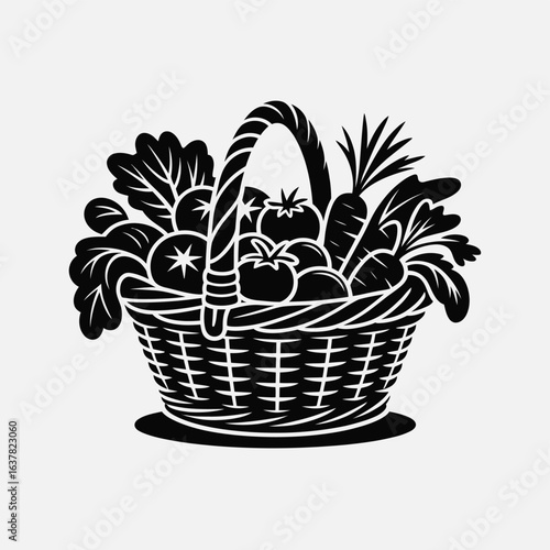 Black and white illustration of a wicker basket full of fresh produce
