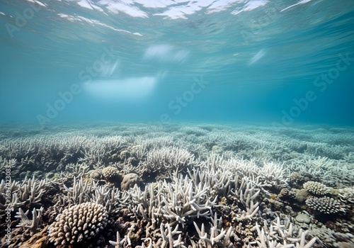 Fototapeta Naklejka Na Ścianę i Meble -  Underwater view of coral reef bleaching with white dead corals caused by rising ocean temperatures and climate change affecting marine biodiversity
