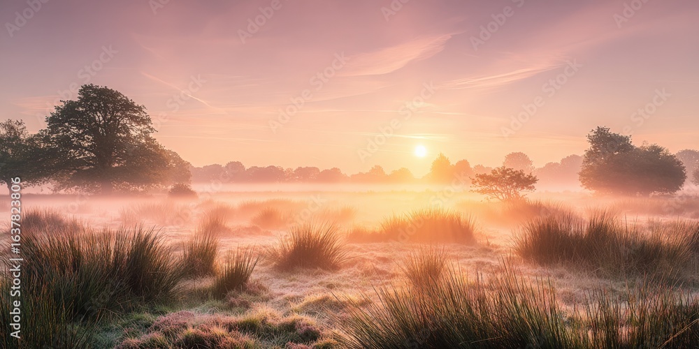 Obraz premium Tranquil Dawn Over Misty Meadow Landscape with Warm Sunlight and Scenic Grassland Views
