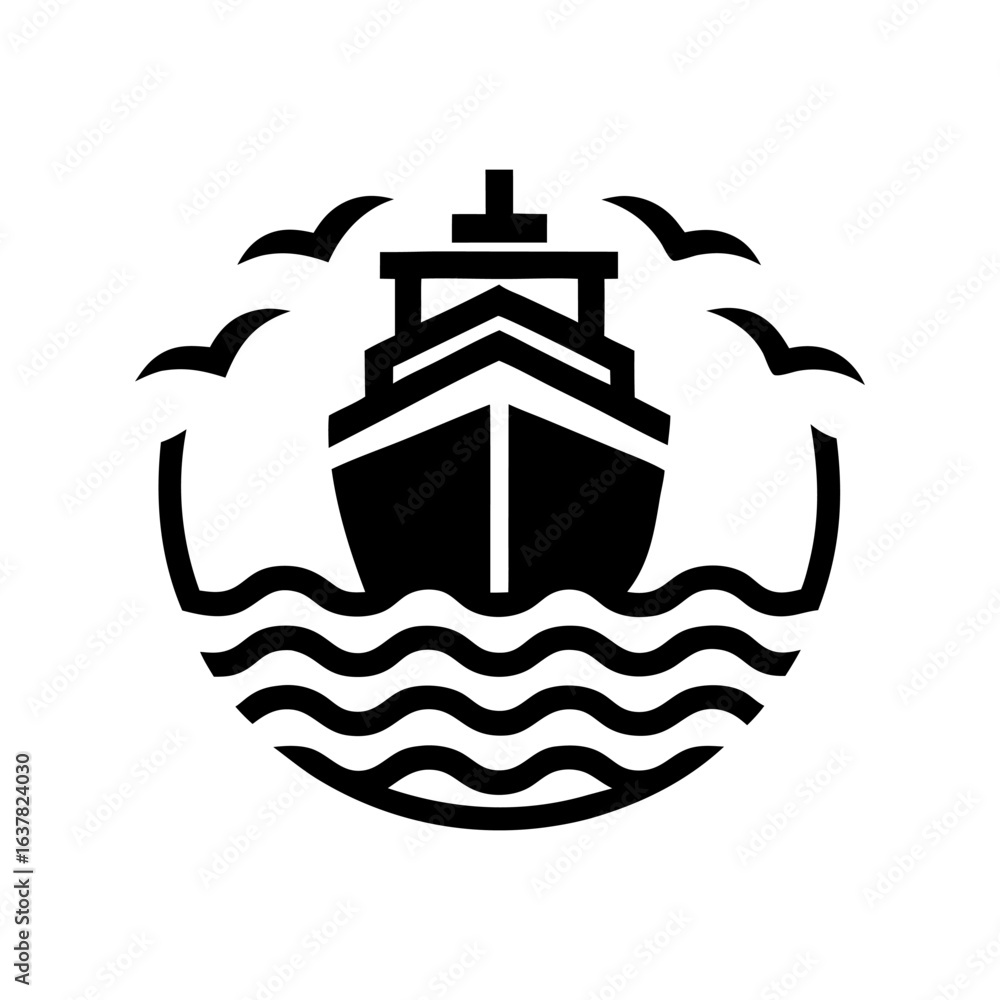 Obraz premium Black and white vector of ship sailing on waves with flying birds, suitable for nautical logos, sea transport branding and marine themed design projects