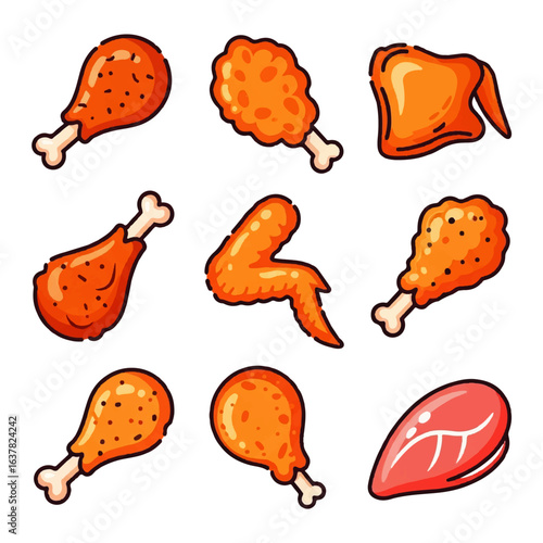 Set of colorful cartoon fast food icons