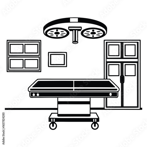 Sterile Operating Room: Black and White Icon Illustration of Surgical Table, Overhead Lights, and Medical Equipment in a Clean, Modern Hospital Setting.
