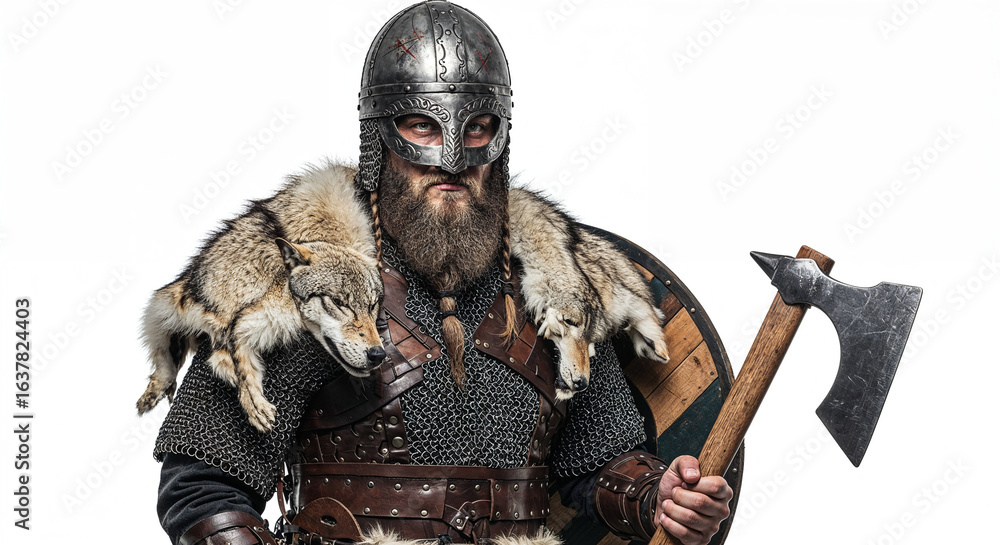 Obraz premium Full-gear Viking warrior portrait, fierce and detailed against white background. 