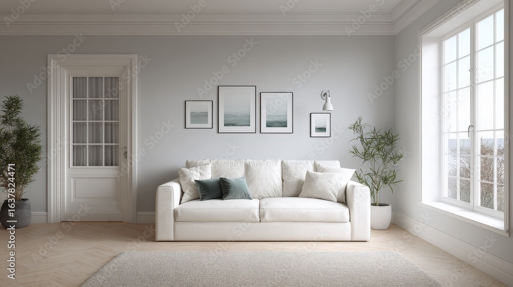 Fototapeta premium Bright Living Room Interior with White Sofa, Plants, and Natural Light for Modern Home Decor