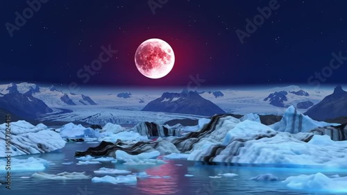 Surreal blood moon casts a red glow over a majestic glacial lagoon with icebergs under a starry night sky