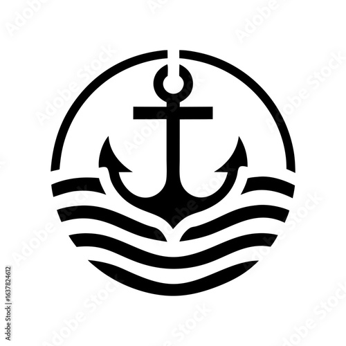 Black anchor centered on circular background with wavy lines, suitable for maritime branding, seafaring identity or nautical club logo with minimal and clean vector design