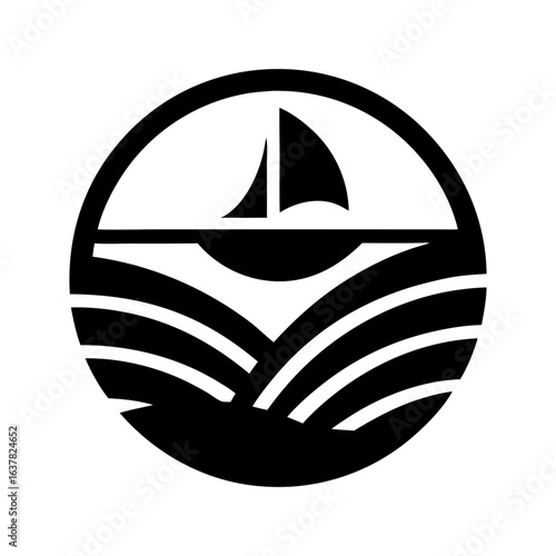 Minimalist circular vector logo of sailboat moving over calm ocean waves, suitable for travel agency, sailing club, yachting events or marine related business branding