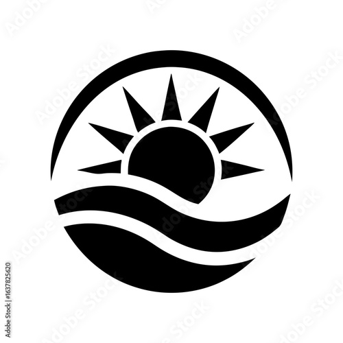 Round marine icon with sharp ray sun over ocean waves for representing seaside tourism, travel destinations, or summer resort branding