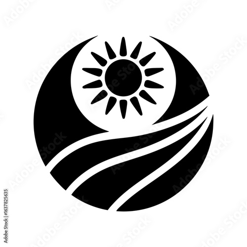Round marine icon with sharp ray sun over ocean waves for representing seaside tourism, travel destinations, or summer resort branding