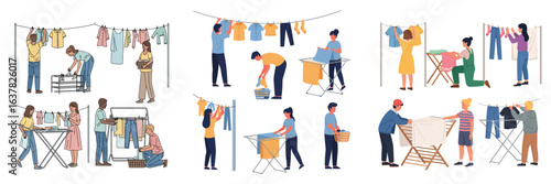 Set of People and Couples Doing Laundry and Hanging Clothes on Clotheslines and Racks