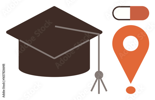Graduation cap, location pin, and pill represent education, success, innovation, healthcare, discovery, academic milestones and global solutions. Ideal for education research healthcare