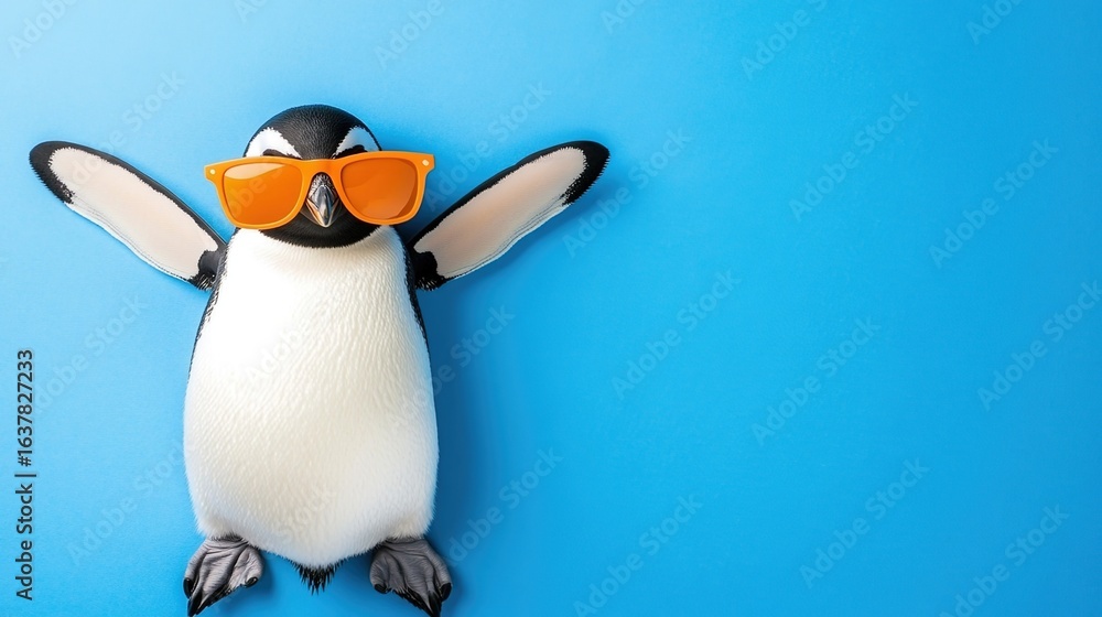 Fototapeta premium Penguin with Orange Sunglasses Close - up, Solid Color Background, Creative Cute Pet, Fashion Accessory, Funny Animal