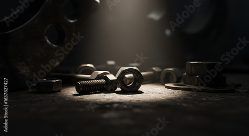 Industrial still life of scattered nuts and bolts on a dark workshop table under a dramatic spotlight. Image_fx 2025.