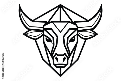 Striking geometric bull head showcases sharp horns and intense gaze for bold statement