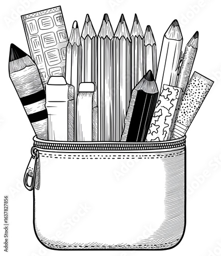 A pencil case filled with pencil, pen coloring page