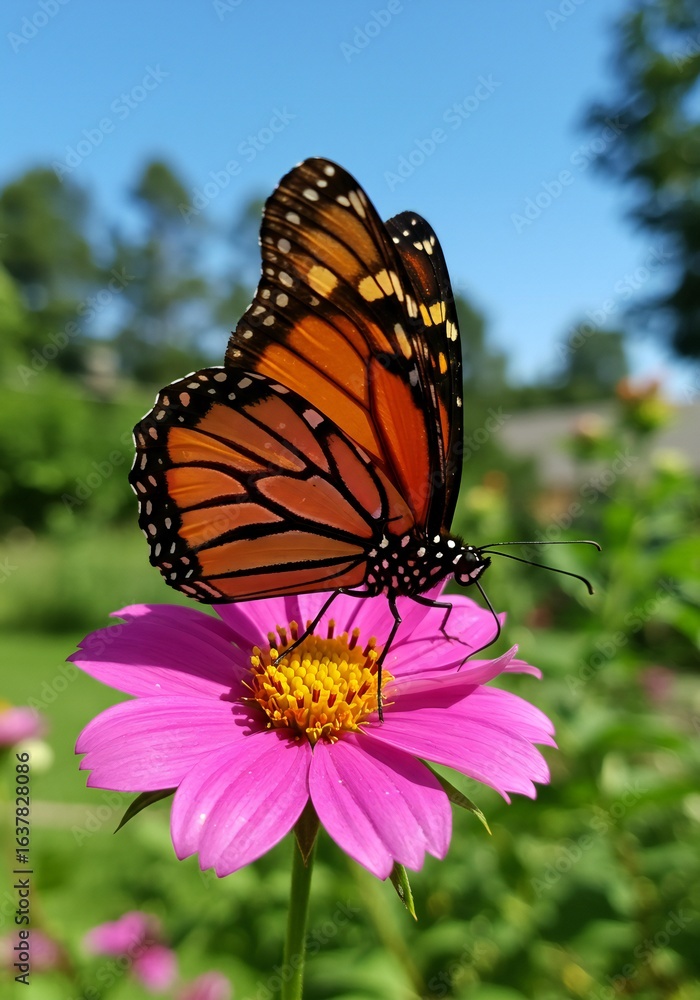Fototapeta premium Monarch Butterfly on Pink Coneflower in Summer Garden Scene
