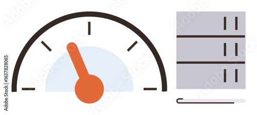 Analog gauge with needle pointing to mid-range, server box stack, and simple progress bar. Ideal for efficiency, performance monitoring, capacity, system optimization, technology, workload simple