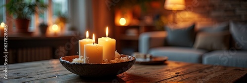 Cozy living room with flickering candles on rustic wooden table