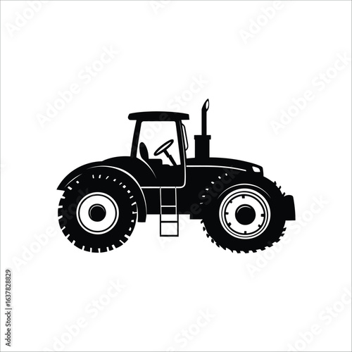 A black silhouette of a tractor with large tires and an exhaust pipe on a white background art