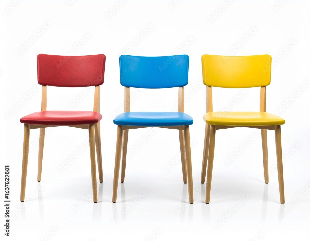 Fototapeta premium Three colorful wooden chairs on a white background