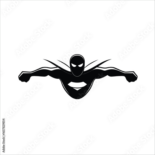 Black and white graphic of a superhero flying with arms outstretched on a white background illustration