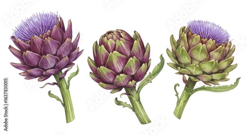 Artichoke Plant Illustrations on White Background Fresh Vegetable and Flower Composition Detailed Botanical Art Three Artichoke Plants