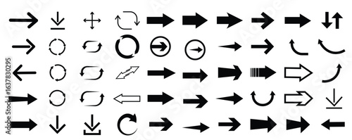 Various arrow symbols displayed on a white background. The collection includes straight, curved, and circular arrows pointing in multiple directions
