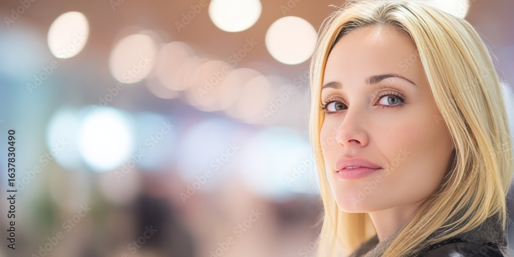 Fototapeta premium Portrait of a Beautiful Woman with Soft Focus Background in a Modern Setting