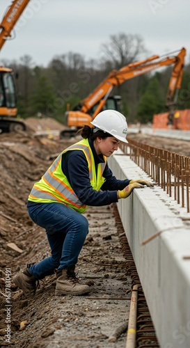 Female construction worker on site with heavy equipment outdoors