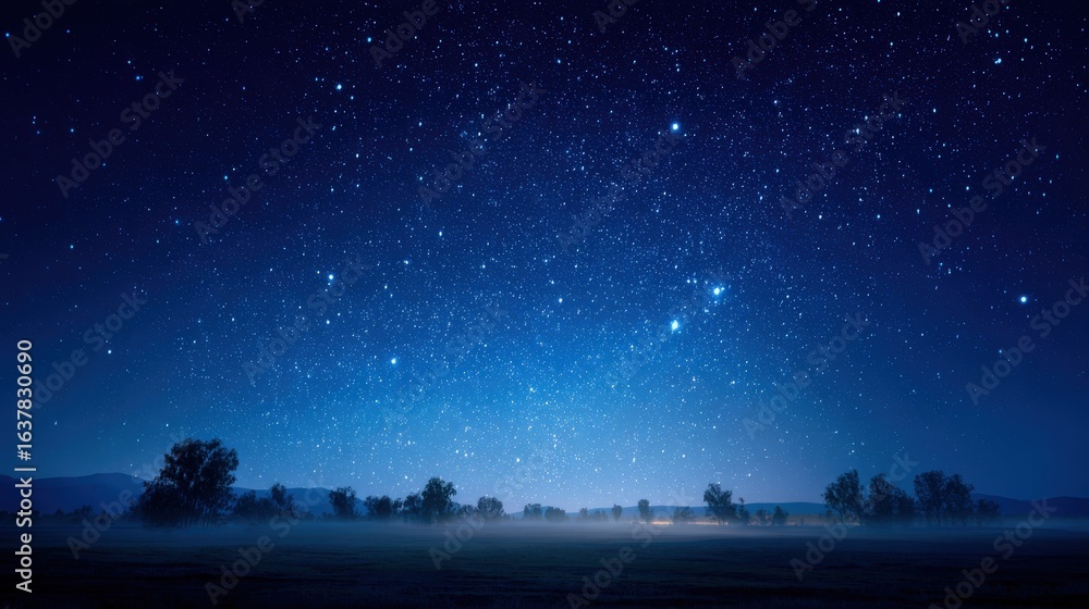 Fototapeta premium Night Sky with Stars Over Misty Landscape - Captivating Scene of Nature's Beauty