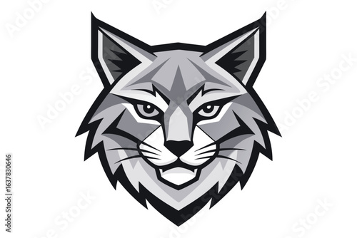 Isolated grayscale mascot showing bobcat head with sharp features displays a modern animal emblem
